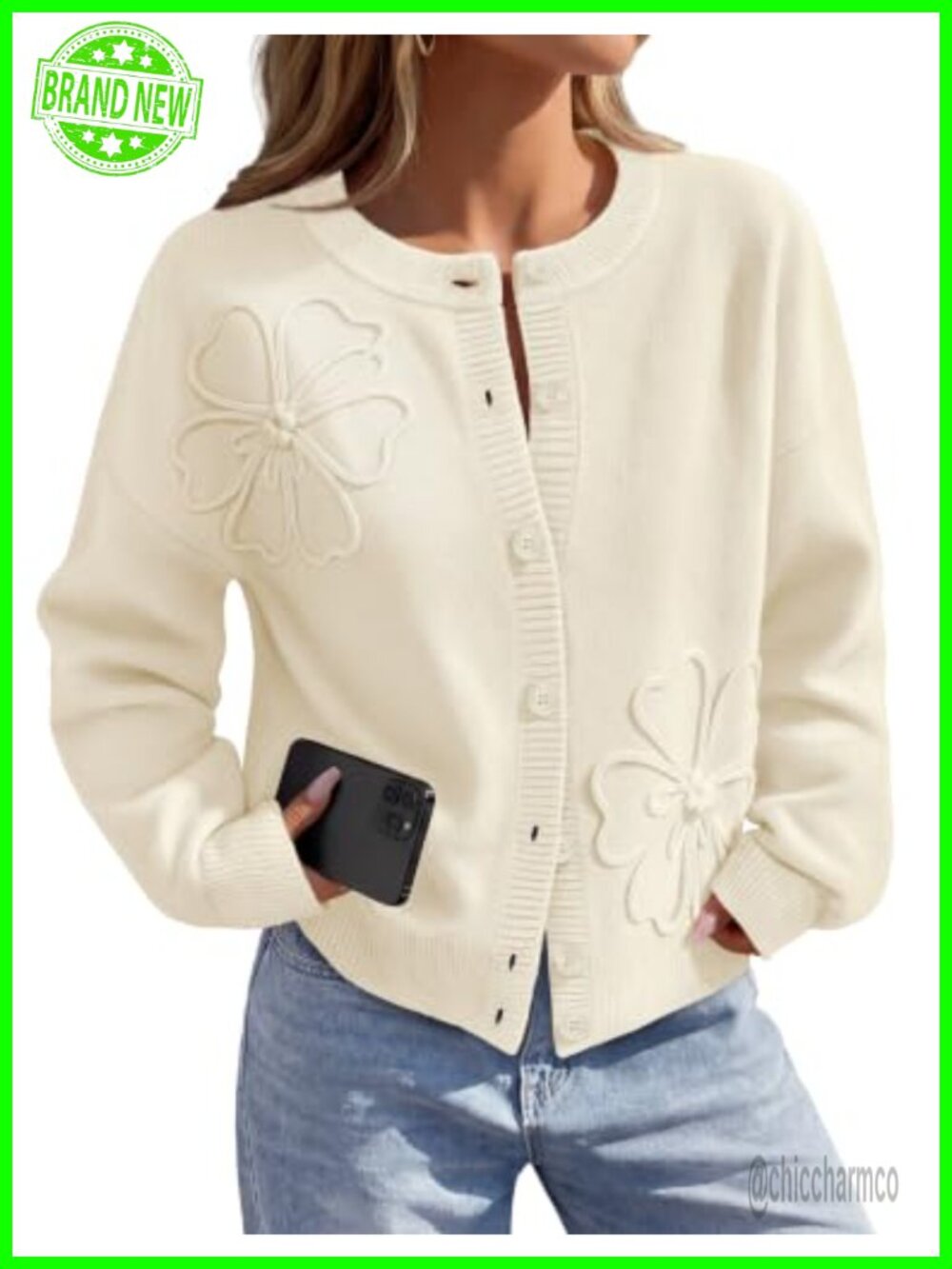 Women's Lightweight Button Up Floral Cardigan Sweater Lantern Sleeve